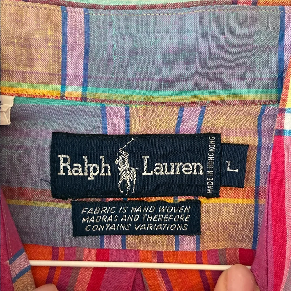 Vintage Ralph Lauren Madras Plaid Long Sleeve Shirt Orange Pink Yellow Blue L - Picture 3 of 7